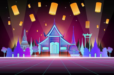 Tayland 'da güzel ışıkları olan bir tapınağın inanılmaz vektör illüstrasyonu.