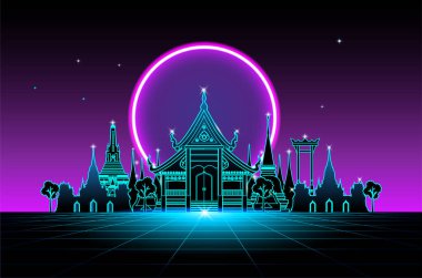 Tayland 'daki neon ışıklarından bir tapınağın PrintVector sanat çizimi.