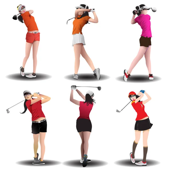 Vector Illustration Includes Set Female Golf Swing Styles — Stock Vector