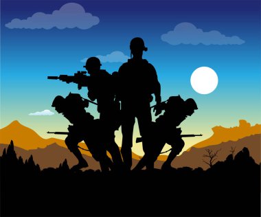 Orduda savaşan askerlerin siluetlerinin vektör çizimi.