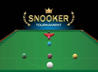 Yeşil masadaki renkli topların Snooker ekipman tasarımı. Siyah arka plan spot ışıklarından oluşuyor. Vektör snooker spor oyunu