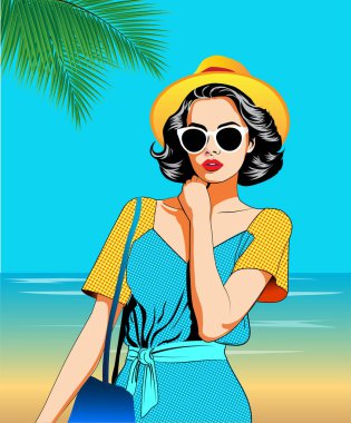 Deniz kenarında yürüyen ve rahatlatan bir kadının vektör çizimi.