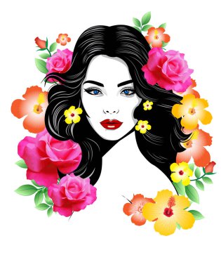 Çiçekli saçlı ve çiçekli güzel bir kadın.