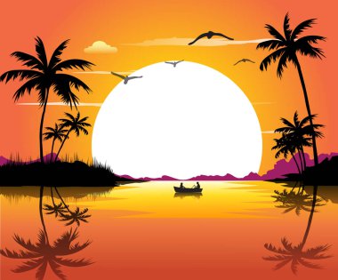 Vektör çizimi, akşam denizinin doğal görüntüsü..