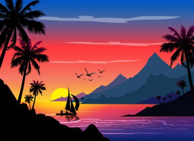 Güzel günbatımı ve palmiye ağaçları olan vektör çizimi