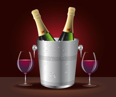 İki bardak, bir şişe şarap ve bir şampanya.