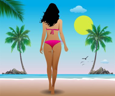 Plajda yürüyen bikinili seksi genç bir kadının vektör çizimi..