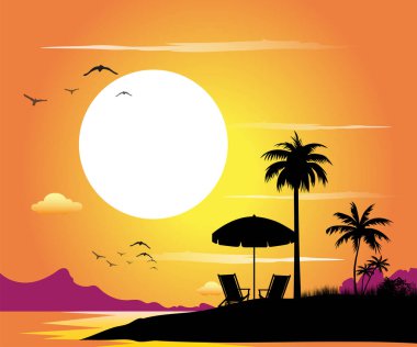 Akşamları siyah siluetli deniz manzarasının vektör çizimi.