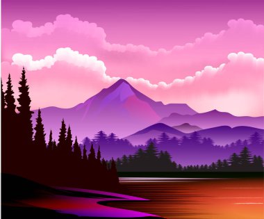 Akşam dağ manzarasının vektör illüstrasyonu .