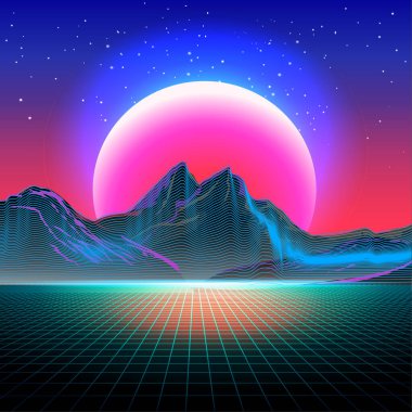 Gündoğumu veya günbatımı ile 80 'lerin geri- bilim kurgu geçmişi. Fütürist vektör sentetik illüstrasyon, 1980 'lerin poster tarzında retro dalgalar. 80 'lerin tüm baskı tasarımları için uygundur.