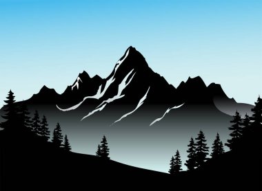 Ağaçların ve dağların görünümünün vektör illüstrasyonu.