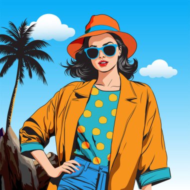 Mutluluk pozu vermiş güzel bir genç kadının vektör çizimi..