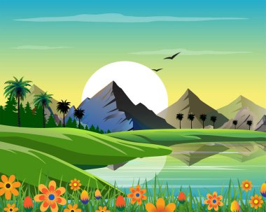 Vector illustration of beautiful evening nature view atmosphere. clipart