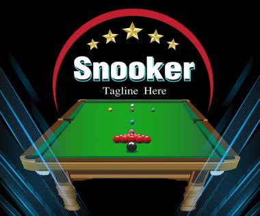 Yeşil masadaki renkli topların Snooker poster tasarımı. Vektör snooker spor oyunu.