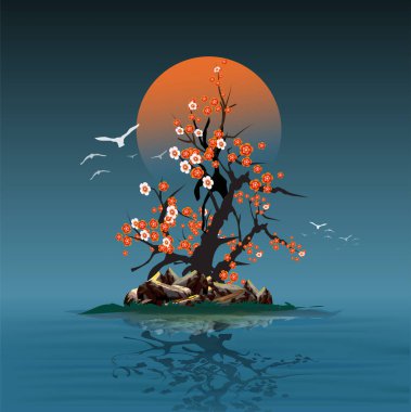 Dolunaylı güzel bir gece manzarasının tasviri.