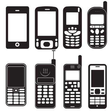 Cep telefonunun siyah siluet vektör çizimi. Farklı dönem cep telefonları.