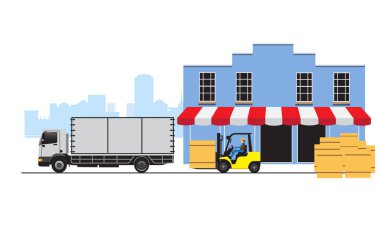 Eşyalar depodan dağıtımcıya taşınırken vektör illüstrasyonu.