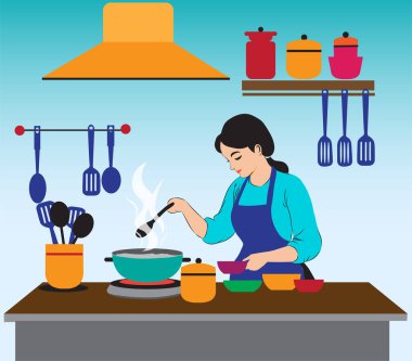Mutfakta yemek pişiren ev kadınlarının vektör çizimi.