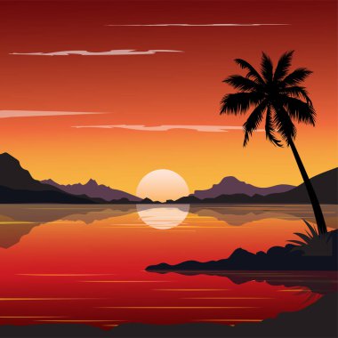 Akşam deniz manzarasının vektör illüstrasyonu.