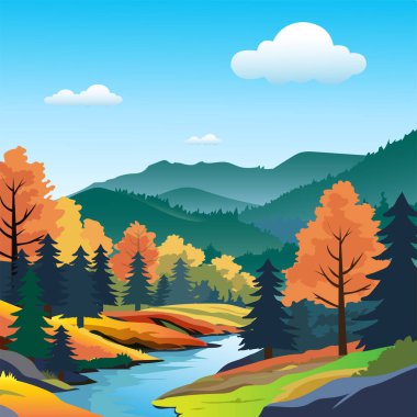 Nehir ve dağ manzarasının vektör illüstrasyonu.