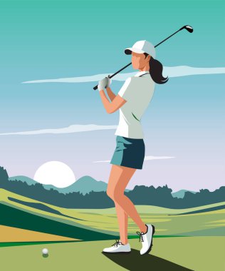 Bir bayan golfçünün vektör illüstrasyonu.
