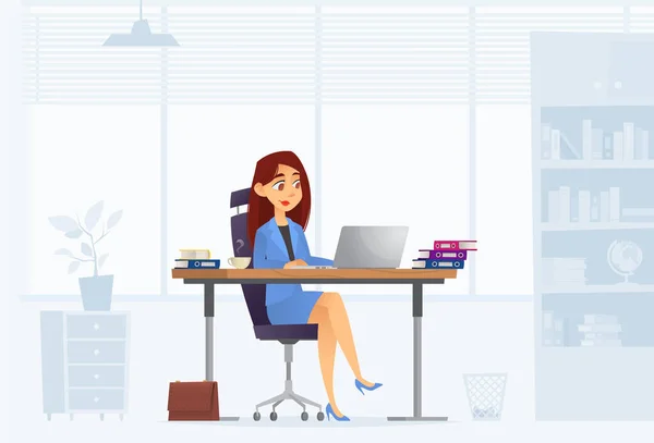 Young Successful Businesswoman Sitting Office Table Working Laptop Computer Drinking — Stock Vector