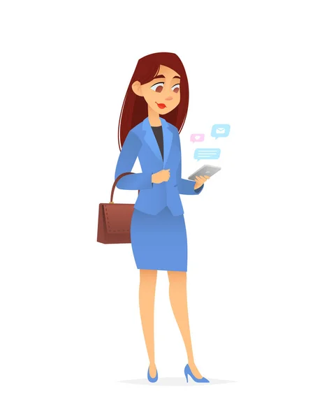 Smiling Young Successful Business Woman Using Smartphone Writing Message Isolated — Stock Vector