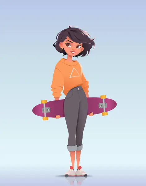 Pretty Teenage Girl Standing Holding Pink Longboard Skateboard Wears Stylish — Stock Vector