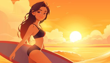 Plajda sörf tahtası olan sörfçü kız. Güzel genç bir kadın sihirli gün batımında ya da gün doğumunda. Okyanus ve dalgalar. Sağlıklı aktif yaşam tarzı. Sörf. Ekstrem sporlar. Yaz tatili. Çizgi film vektör illüstrasyonu