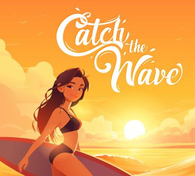 Plajda sörf tahtası olan sörfçü kız. El yazması harflerle 