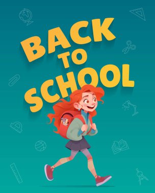 Sırt çantası takan kızıl saçlı liseli kız yürüyor. Gülümseyen mutlu çocuk derslere gidiyor. Okul harflerine geri dönelim. Eğitim ikonları. Düz çizgi film vektör çizimi