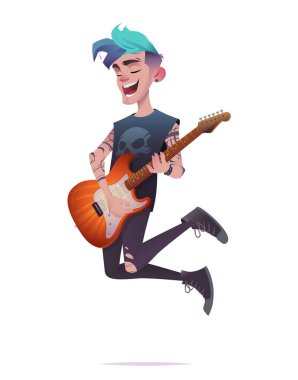 Elektro gitarla zıplayan bir punk rockçının dinamik bir çizimi. Mavi saçlı, dövmeli ve yırtık siyah elbiseli. Müzik, rock ve alternatif kültür temaları için mükemmel
