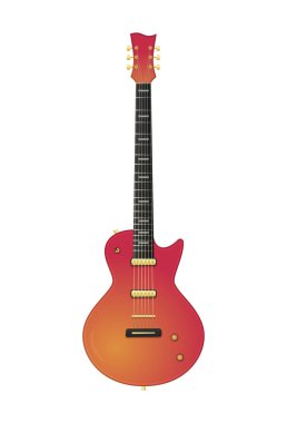 Şık kırmızı-turuncu gradyan elektro gitar, altın rengi detaylar ve parlak siyah bir fretboard. Rock, caz ve blues müzik temaları için mükemmel. Beyaz bir arkaplanda izole edilmiş