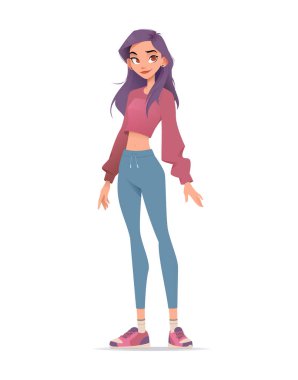 Uzun mor saçlı şık bir karikatür genç kadın. Kırpılmış bir kazak, tayt ve spor ayakkabı giyiyor. Yaşam tarzı, fitness, moda ve karakter tasarım projeleri için mükemmel