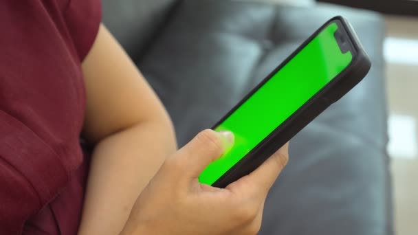 Kobieta Trzyma Telefon Zielony Ekran Domu Ręka Pomocą Smartfona Telefon — Wideo stockowe