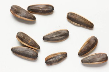 Ayçiçeği tohumu beyaz arka plan üzerinde izole üstten görünüm 