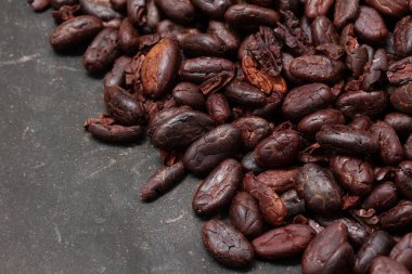 Kahverengi kavrulmuş kakao çekirdekleri siyah masa arkasında.