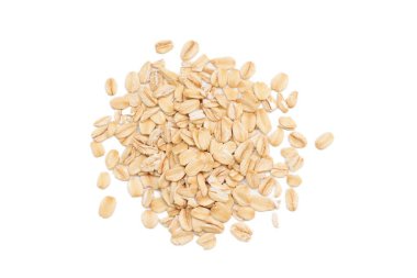 Beyaz arka planda yulaf ezmesi manzarası, yulaf ezmesi kahvaltısı. 