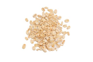 Beyaz arka planda yulaf ezmesi manzarası, yulaf ezmesi kahvaltısı. 