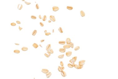 Beyaz arka planda yulaf ezmesi manzarası, yulaf ezmesi kahvaltısı. 