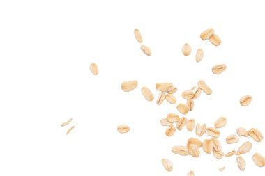 Beyaz arka planda yulaf ezmesi manzarası, yulaf ezmesi kahvaltısı. 