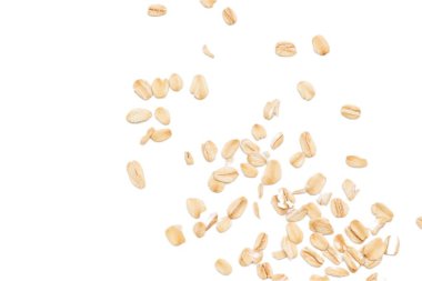 Beyaz arka planda yulaf ezmesi manzarası, yulaf ezmesi kahvaltısı. 