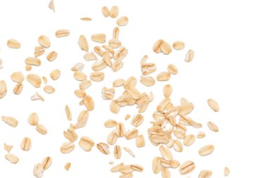 Beyaz arka planda yulaf ezmesi manzarası, yulaf ezmesi kahvaltısı. 