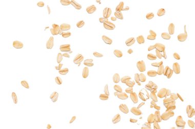 Beyaz arka planda yulaf ezmesi manzarası, yulaf ezmesi kahvaltısı. 