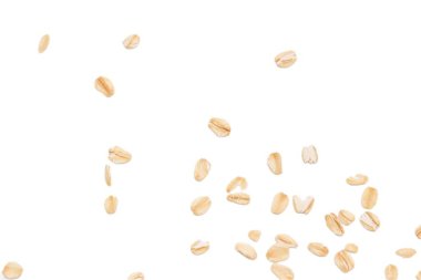 Beyaz arka planda yulaf ezmesi manzarası, yulaf ezmesi kahvaltısı. 