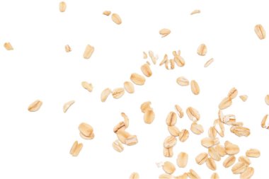 Beyaz arka planda yulaf ezmesi manzarası, yulaf ezmesi kahvaltısı. 