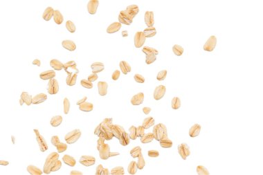 Beyaz arka planda yulaf ezmesi manzarası, yulaf ezmesi kahvaltısı. 