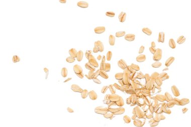 Beyaz arka planda yulaf ezmesi manzarası, yulaf ezmesi kahvaltısı. 