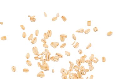 Beyaz arka planda yulaf ezmesi manzarası, yulaf ezmesi kahvaltısı. 