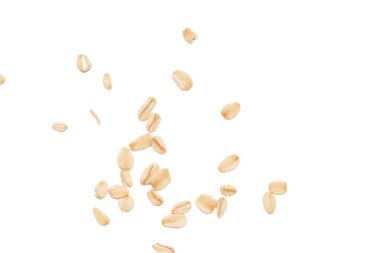 Beyaz arka planda yulaf ezmesi manzarası, yulaf ezmesi kahvaltısı. 